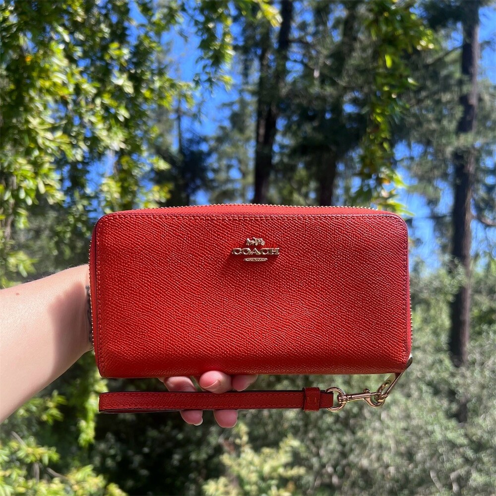 COACH Long Zip-Around Crossgrain Leather Wallet RED with GOLD Hardware AUTHENTIC